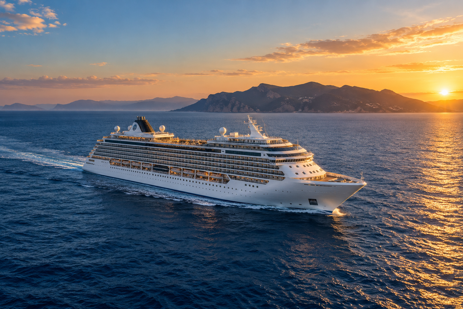 Navio de cruzeiro navegando ao pôr do sol